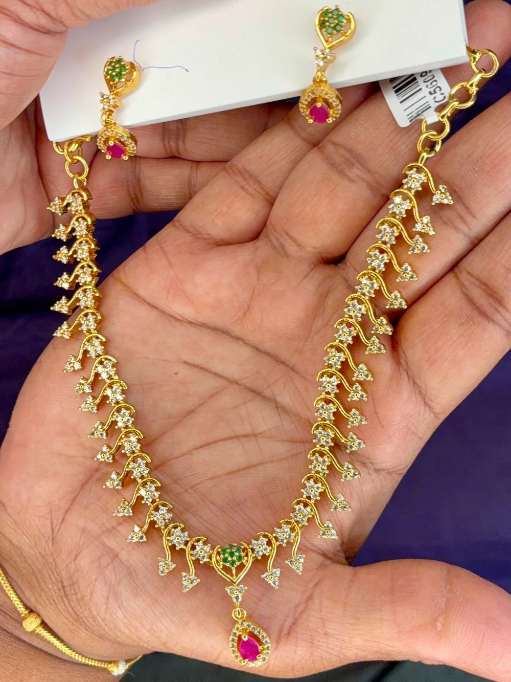 Gold-Tone Pink & Green Teardrop Necklace and Earrings Set